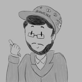 A circular icon of Cormack. He has short dark hair with a mustache and beard. He is holding a pen.