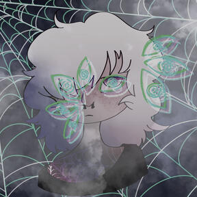 A a circular icon of Martin's face. It has long white hair and several projected green eyes. There is fog in front of him and webs behind.