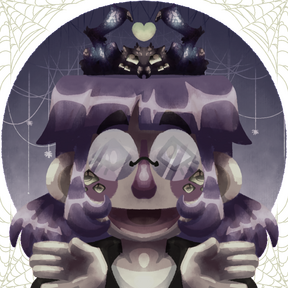 A circular icon of Mango's face. They have shoulder length purple hair with bangs and circle glasses. There is a spider making a heart on top of eir head.